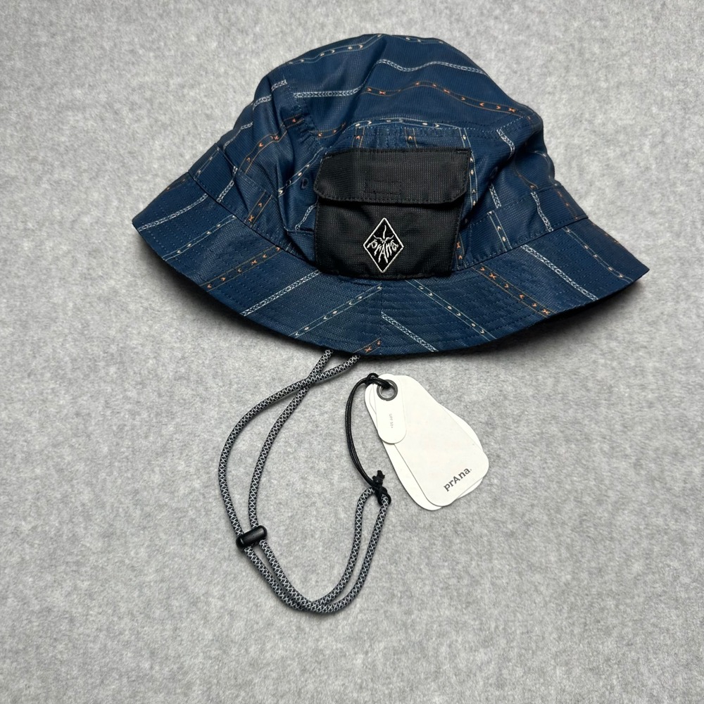 Prana Kootenai Bucket Hat Stormy Night Blue Patterned Sun Hat UPF 50+ NWT O/S